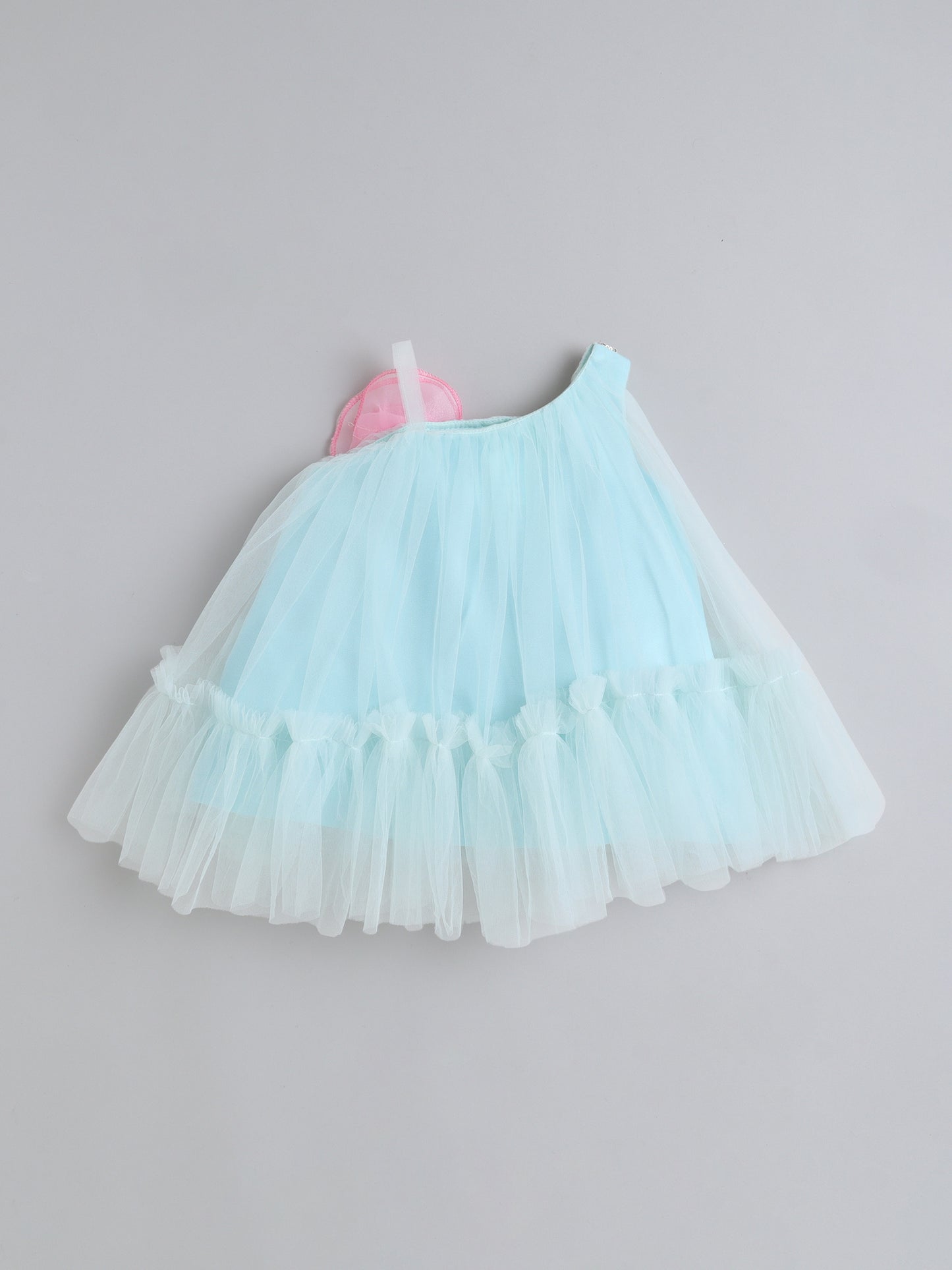 Many Frocks & Net Sleeveless One Shoulder Straps Sequin & Flower Embellished Knee Length Baby Party Dress - Sea Green
