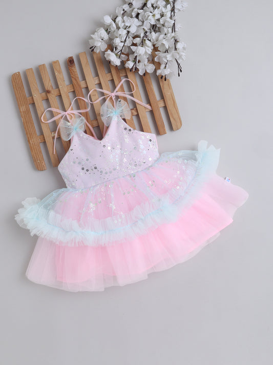 Many Frocks & Net Sleeveless Tie-Up Shoulder Straps Star Printed Bow Embellished Knee Length Baby Girl Party Dress - Pink