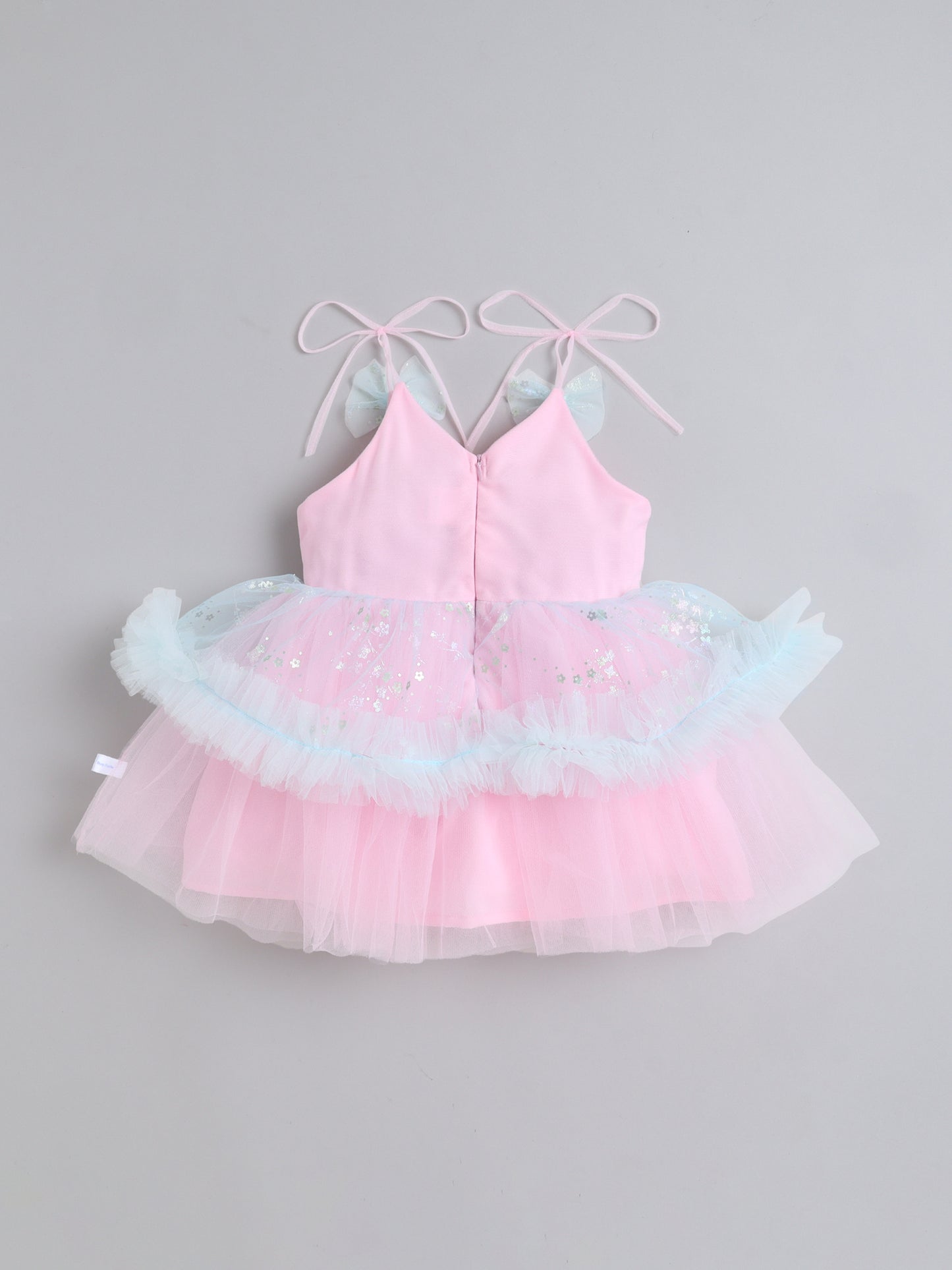 Many Frocks & Net Sleeveless Tie-Up Shoulder Straps Star Printed Bow Embellished Knee Length Baby Girl Party Dress - Pink