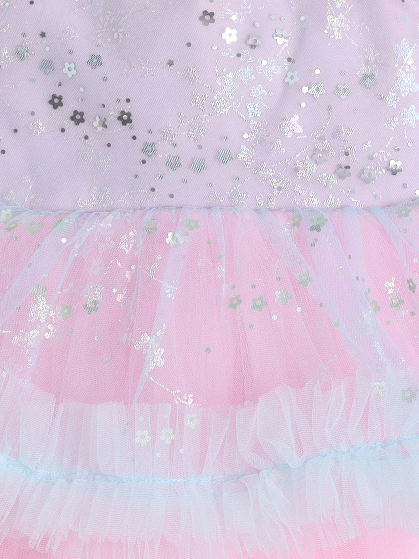 Many Frocks & Net Sleeveless Tie-Up Shoulder Straps Star Printed Bow Embellished Knee Length Baby Girl Party Dress - Pink