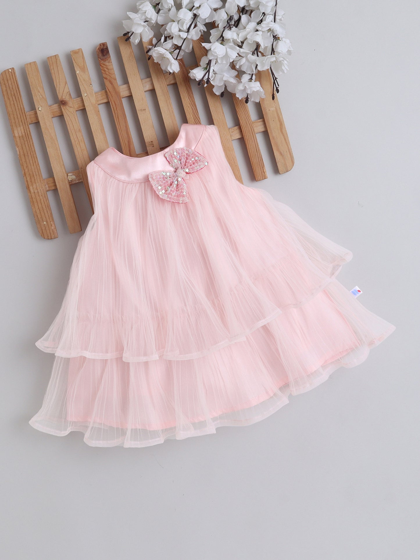 Many Frocks & Pleated Net Sleeveless Flower Embellished Knee Length Baby Party Dress - Peach
