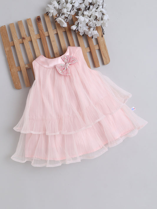 Many Frocks & Pleated Net Sleeveless Flower Embellished Knee Length Baby Party Dress - Peach