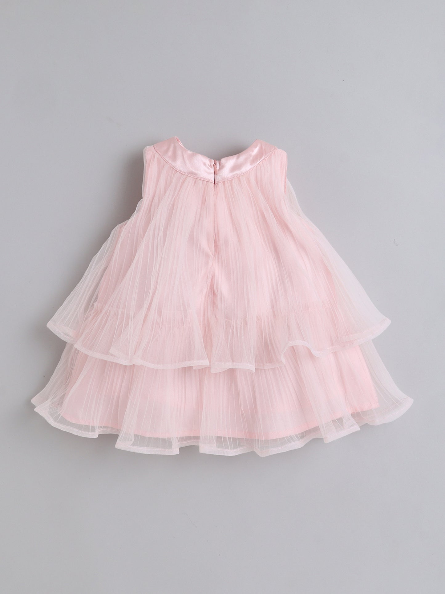 Many Frocks & Pleated Net Sleeveless Flower Embellished Knee Length Baby Party Dress - Peach