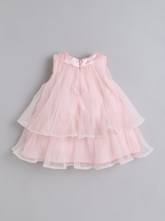 Many Frocks & Pleated Net Sleeveless Flower Embellished Knee Length Baby Party Dress - Peach