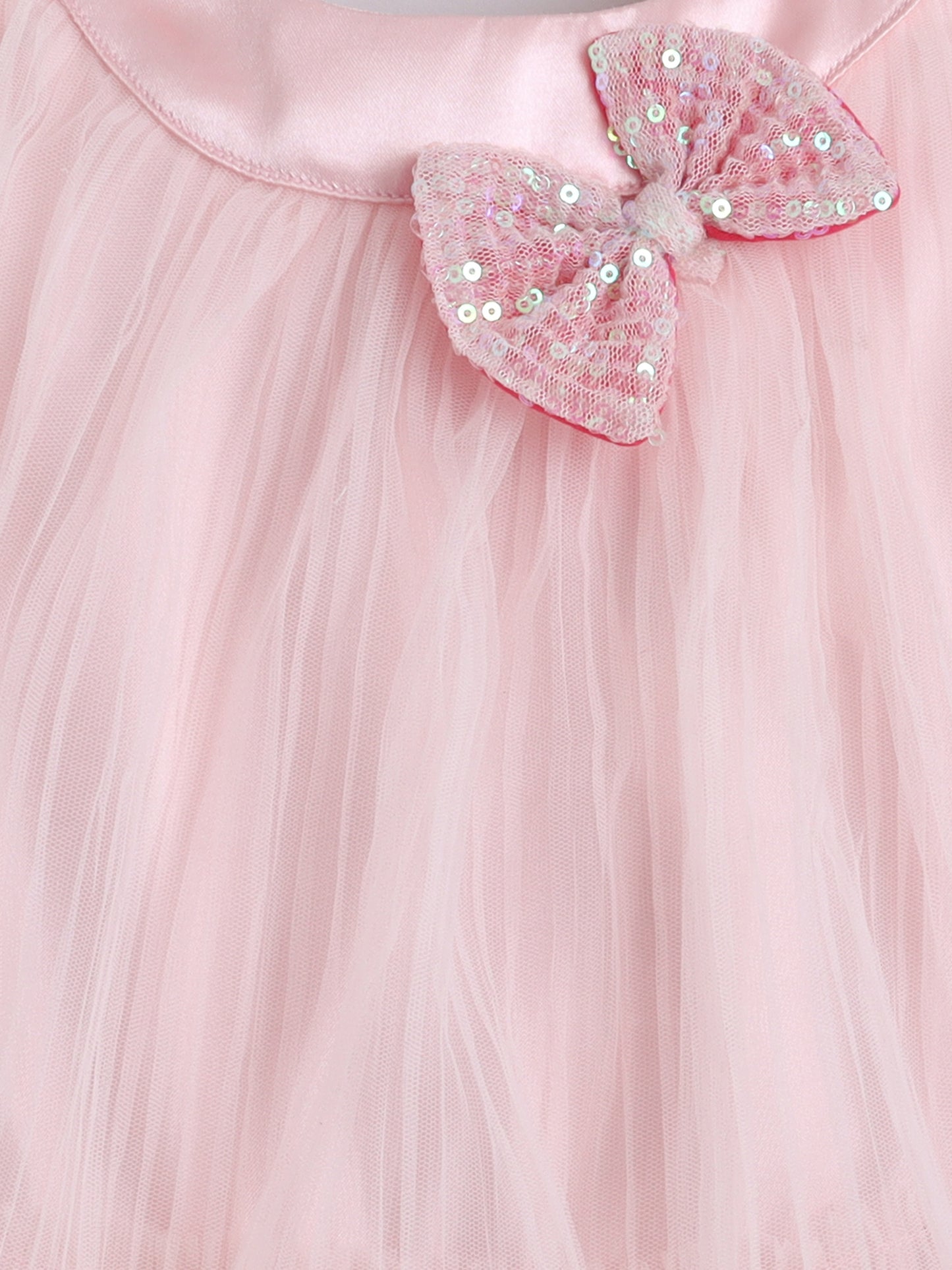 Many Frocks & Pleated Net Sleeveless Flower Embellished Knee Length Baby Party Dress - Peach