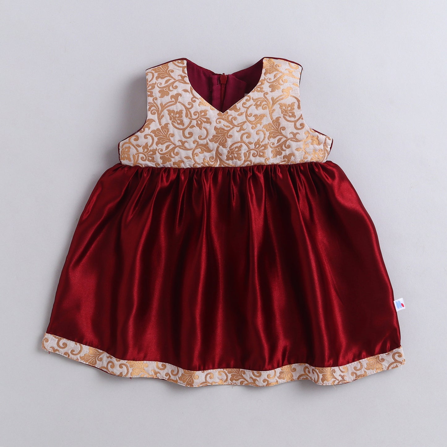 Many Frocks & Brocade & Satin Sleeveless Embellished Knee Length  Baby Ethnic Dress - Maroon & Beige