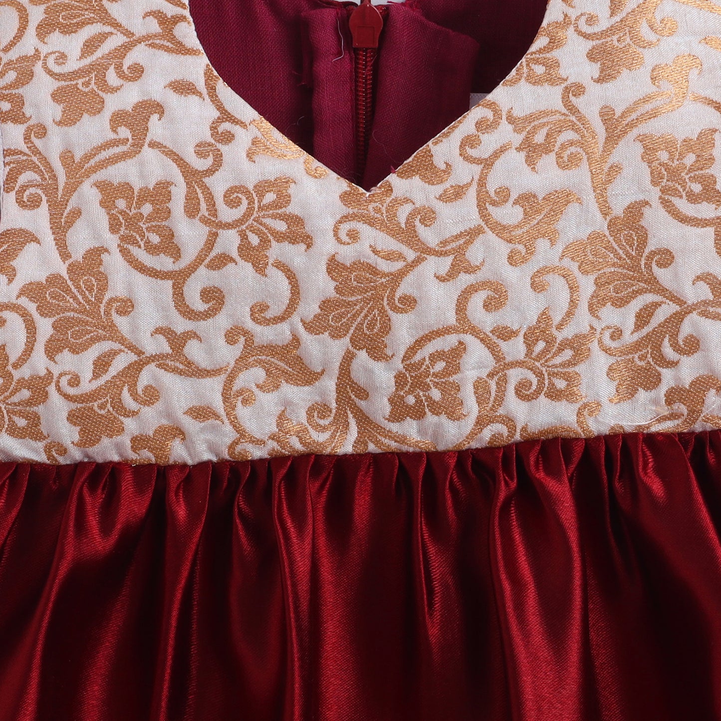 Many Frocks & Brocade & Satin Sleeveless Embellished Knee Length  Baby Ethnic Dress - Maroon & Beige