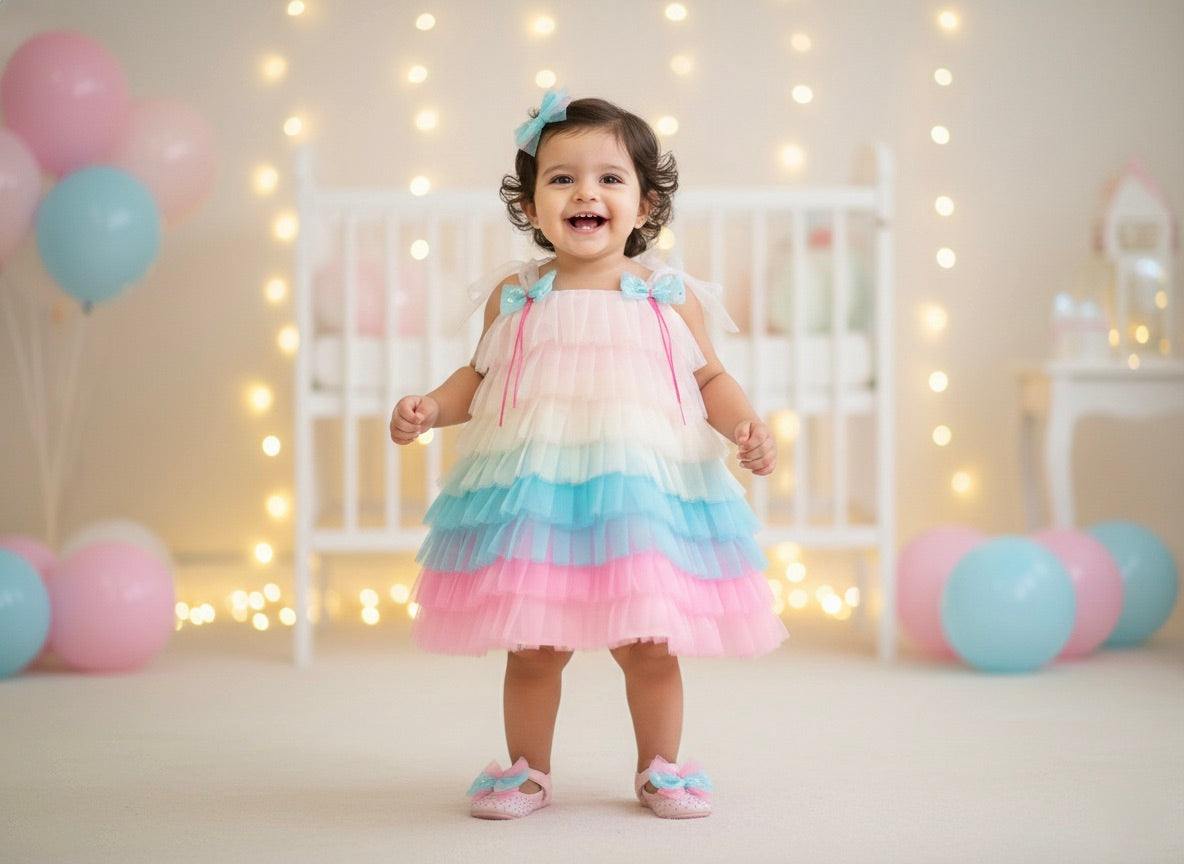 Many Dresss & Net Sleeveless Rainbow Coloured Bow Embellished Knee Length  Girls Party Dress - Multicolour