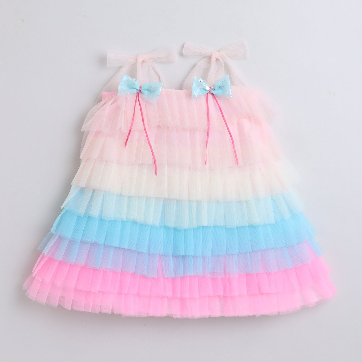 Many Dresss & Net Sleeveless Rainbow Coloured Bow Embellished Knee Length  Girls Party Dress - Multicolour