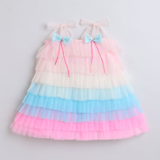 Many Dresss & Net Sleeveless Rainbow Coloured Bow Embellished Knee Length Girls Party Dress - Multicolour