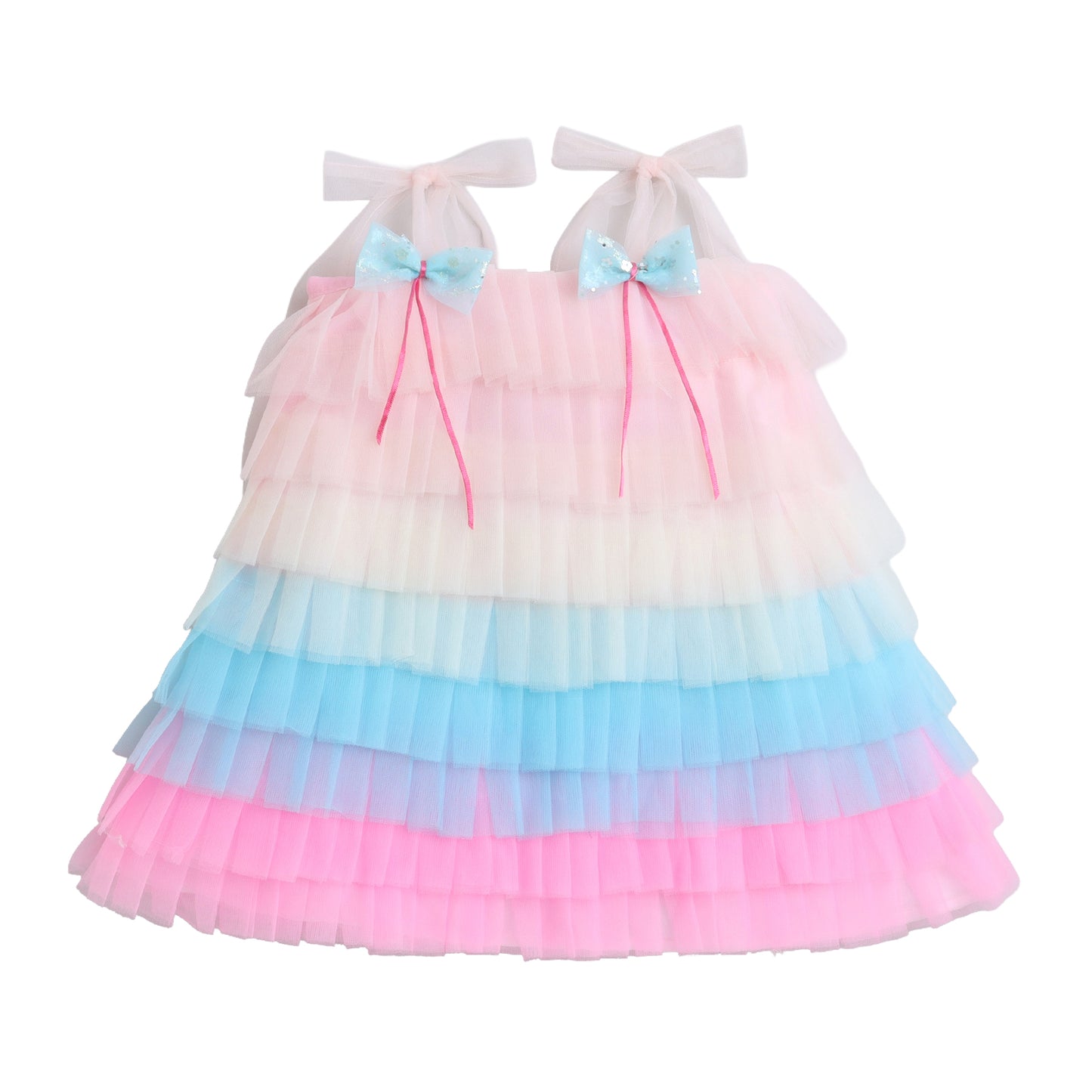 Many Dresss & Net Sleeveless Rainbow Coloured Bow Embellished Knee Length  Girls Party Dress - Multicolour