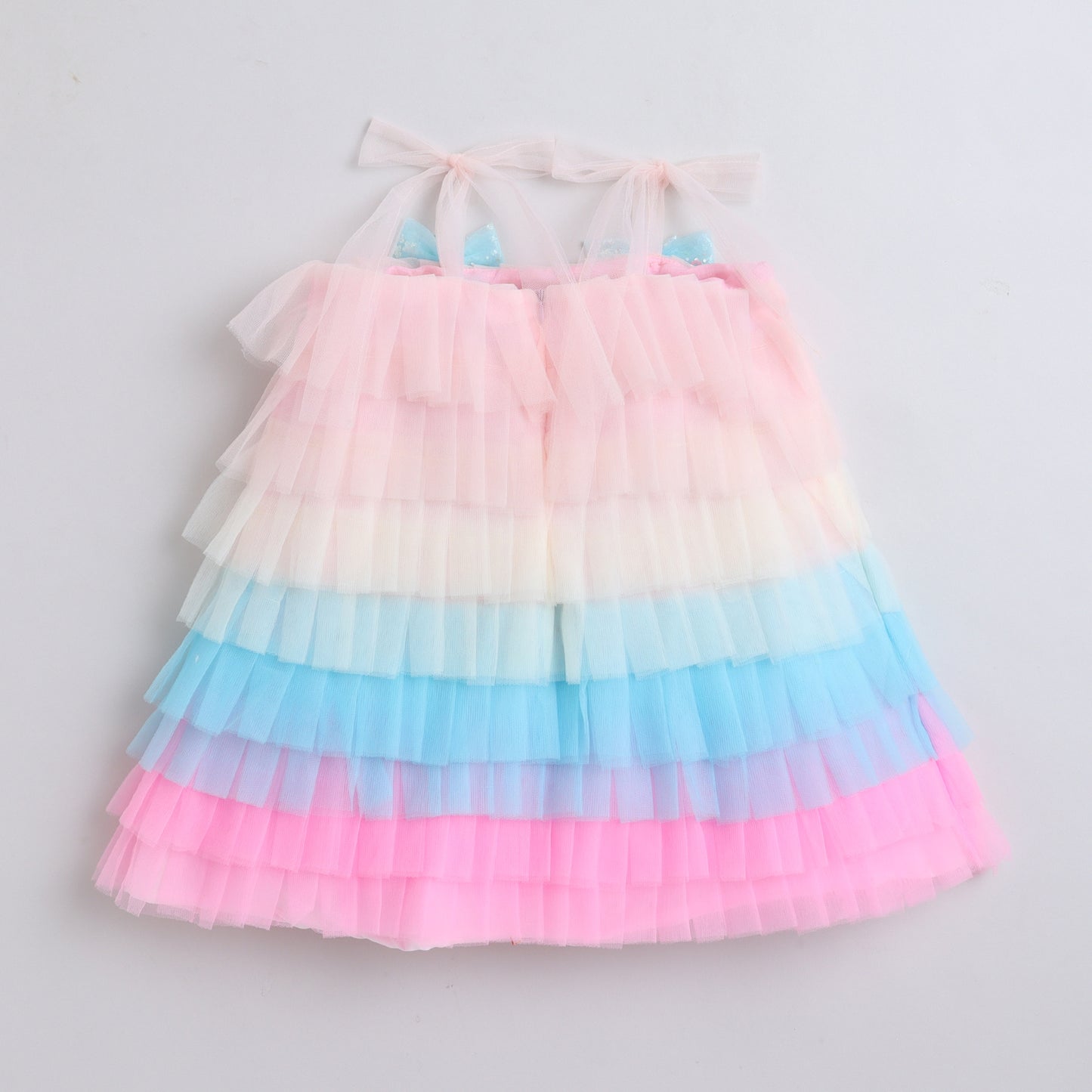 Many Dresss & Net Sleeveless Rainbow Coloured Bow Embellished Knee Length  Girls Party Dress - Multicolour