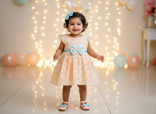 Many Dresss & Net Flutter Sleeves Bow Embellished Knee Length  Girls Party Dress-Peach