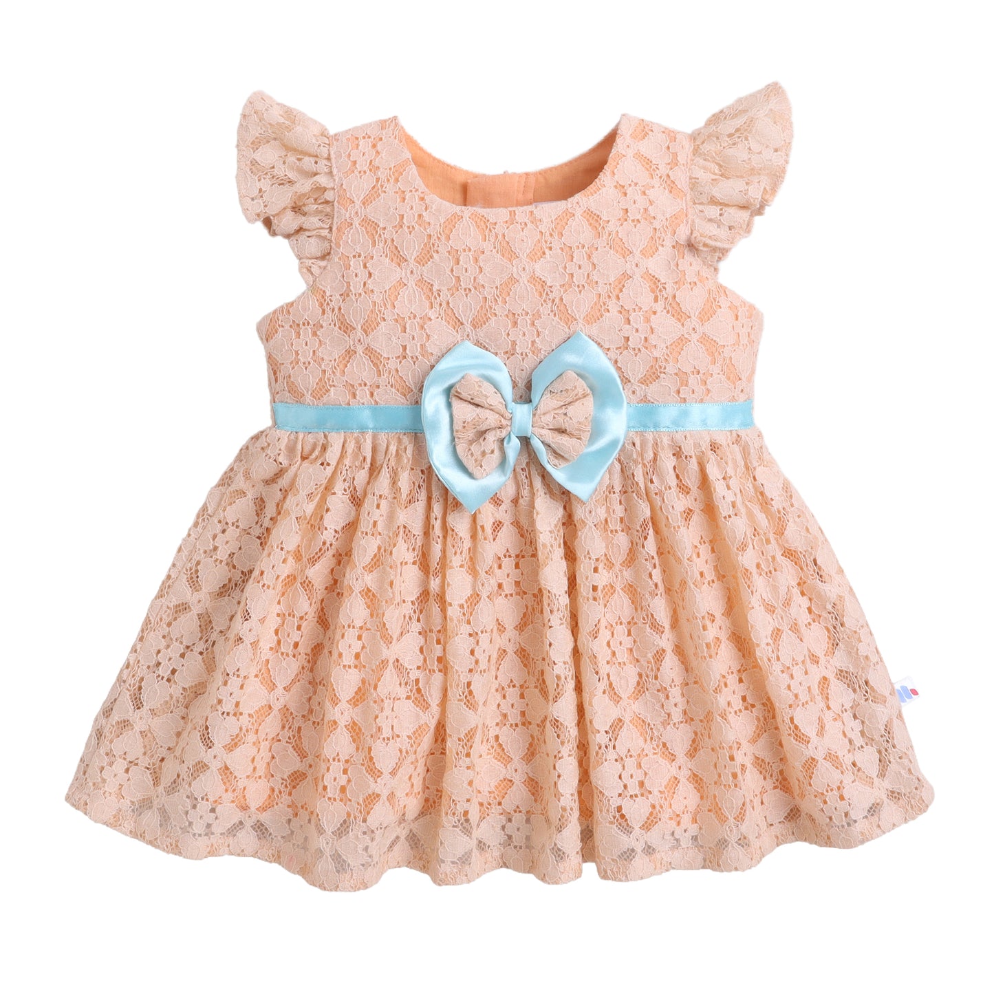 Many Dresss & Net Flutter Sleeves Bow Embellished Knee Length  Girls Party Dress-Peach