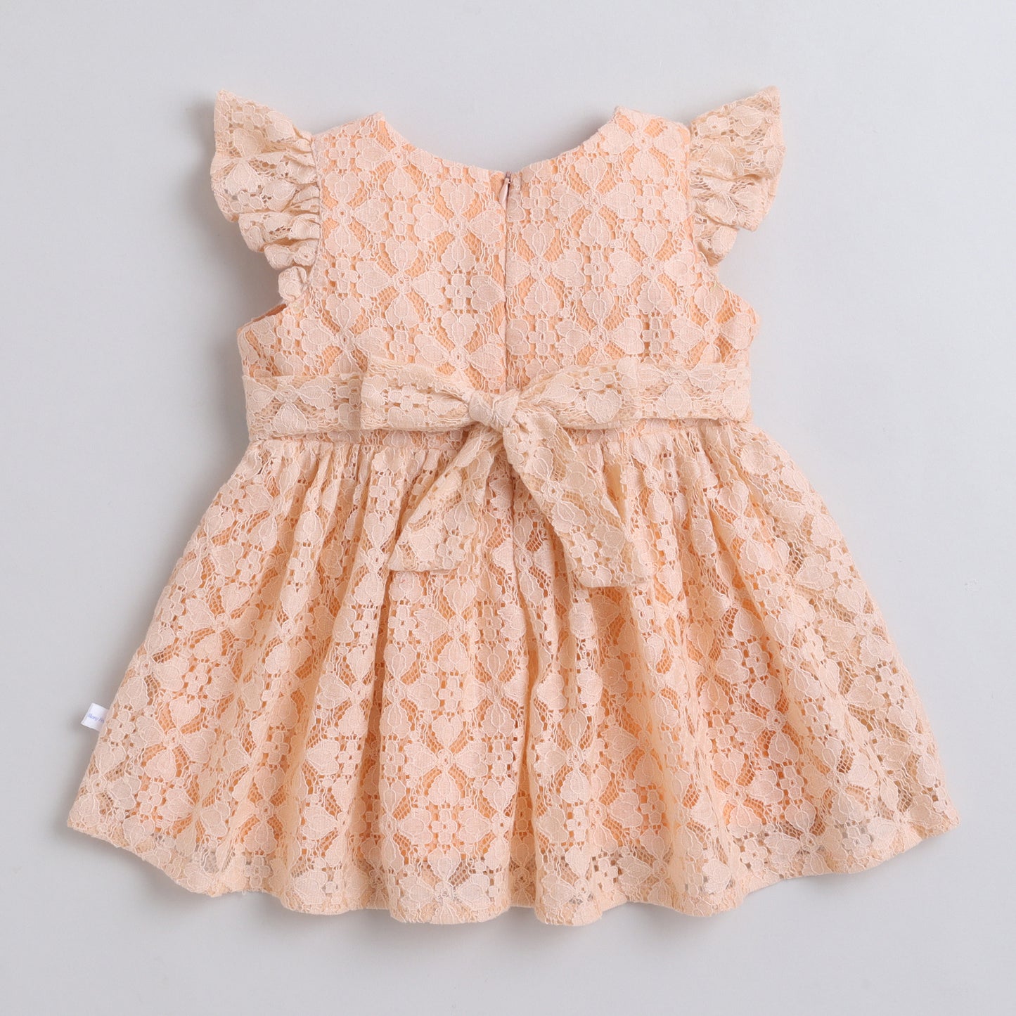 Many Dresss & Net Flutter Sleeves Bow Embellished Knee Length  Girls Party Dress-Peach