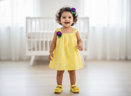 Many Dresss &  Sleeveless Foil Printed Flower Embellished Knee Length  Baby Party Dress - Yellow