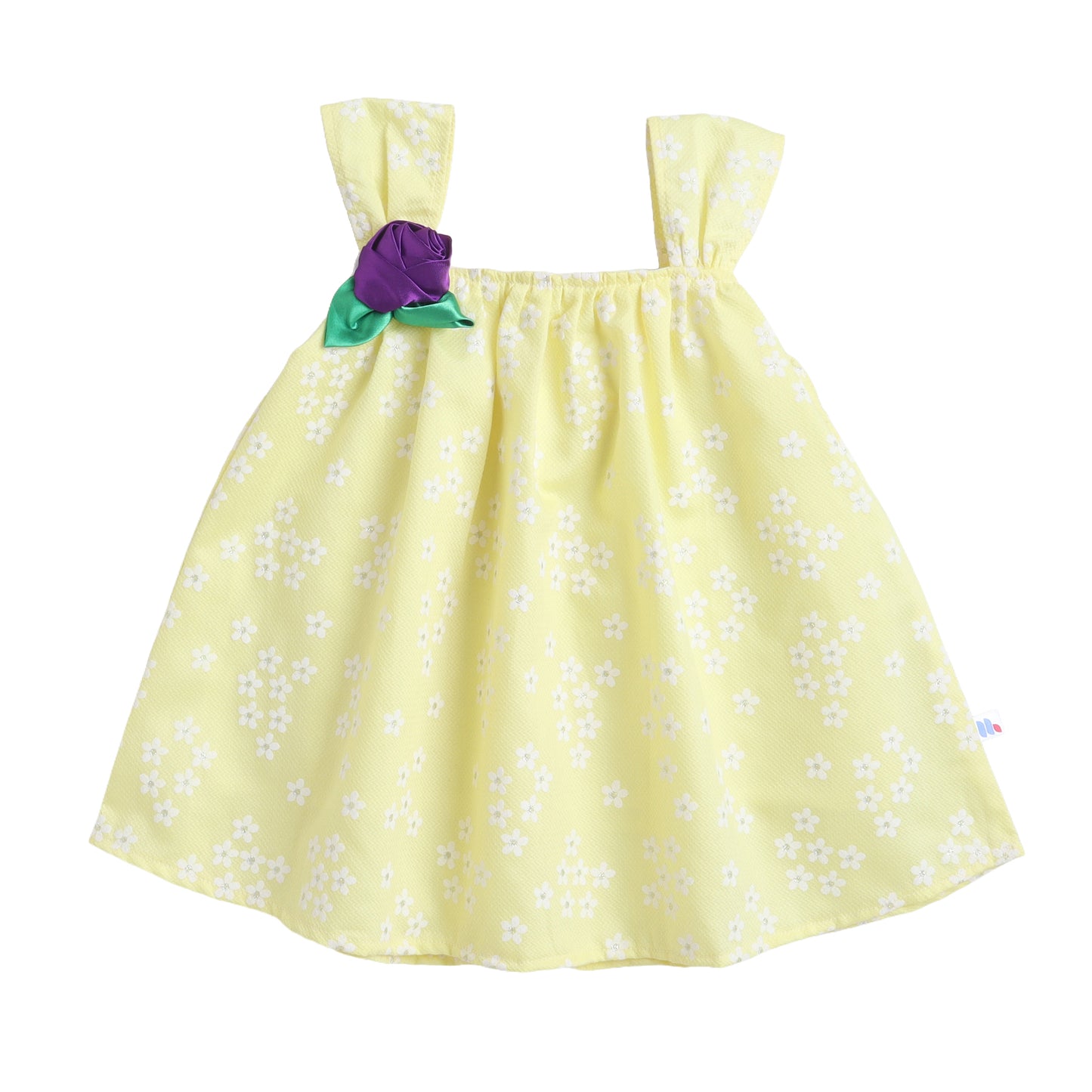 Many Dresss &  Sleeveless Foil Printed Flower Embellished Knee Length  Baby Party Dress - Yellow