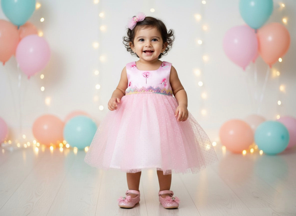 Many Dresss & Silver Dot Net  Sleeveless Lace Embellished Knee Length Baby Party Dress-Pink