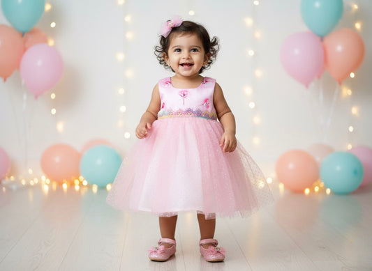 Many Dresss & Silver Dot Net  Sleeveless Lace Embellished Knee Length Baby Party Dress-Pink