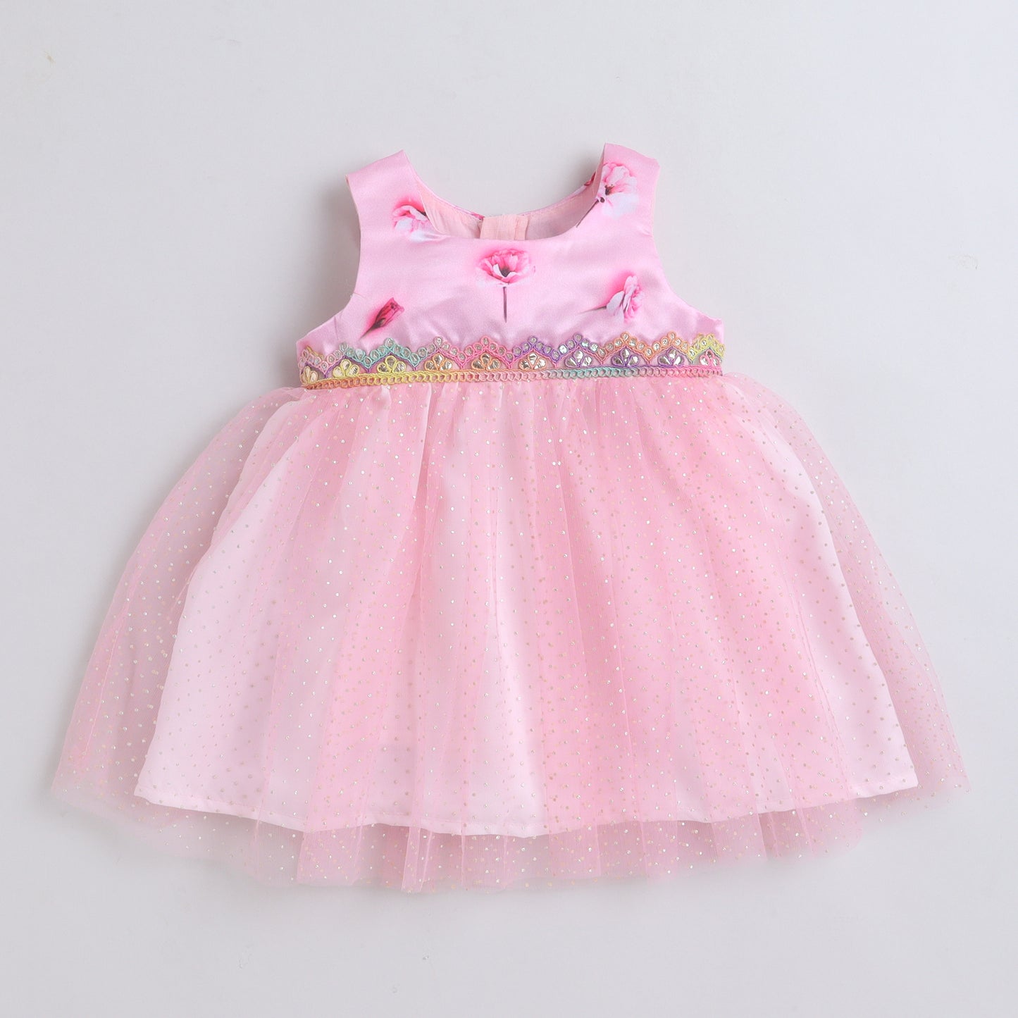 Many Dresss & Silver Dot Net  Sleeveless Lace Embellished Knee Length Baby Party Dress-Pink