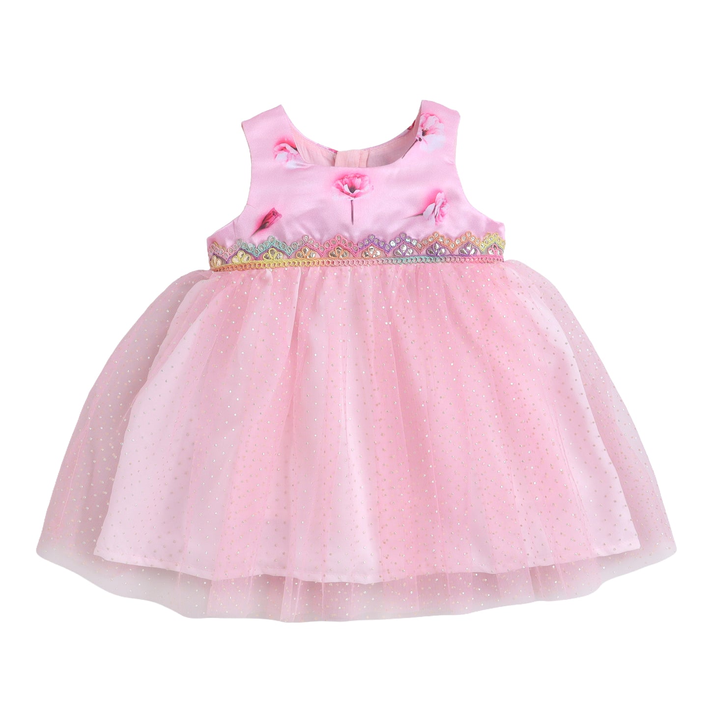 Many Dresss & Silver Dot Net  Sleeveless Lace Embellished Knee Length Baby Party Dress-Pink