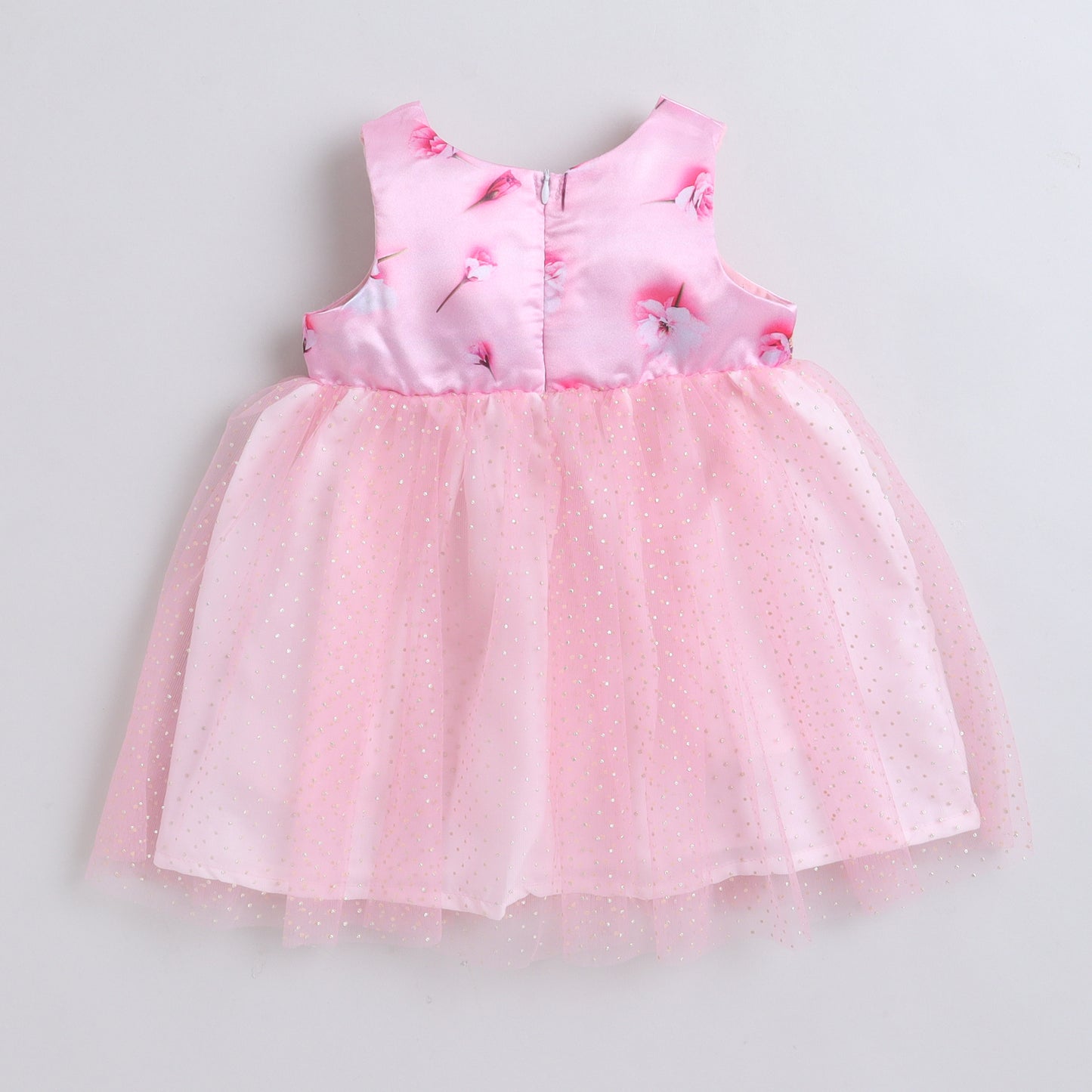 Many Dresss & Silver Dot Net  Sleeveless Lace Embellished Knee Length Baby Party Dress-Pink
