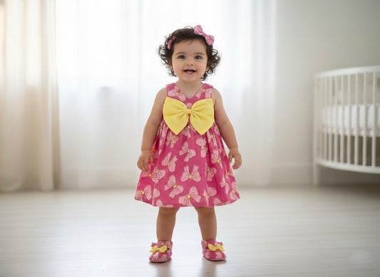 Many Dresss & Cotton Sleeveless Printed Bow Embellished Knee Length Baby Casual Dress-Pink