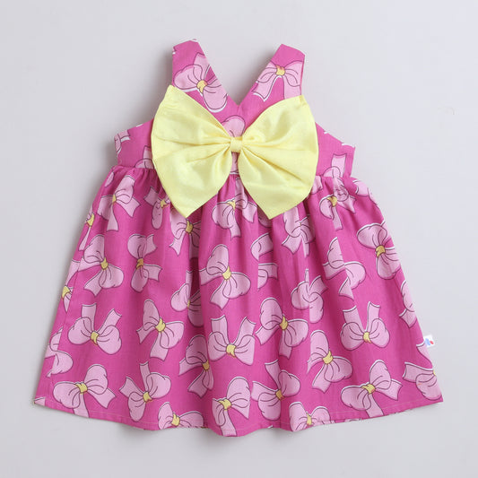 Many Dresss & Cotton Sleeveless Printed Bow Embellished Knee Length Baby Casual Dress-Pink