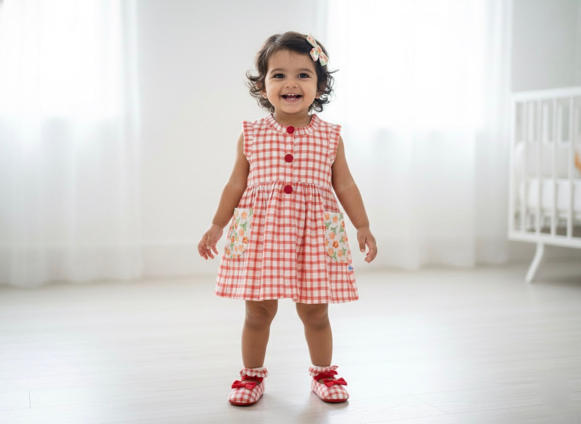 Many Dresss & Cotton Pleated Sleeve Button Embellished Knee Length Checks Printed Baby Casual Dress-Red