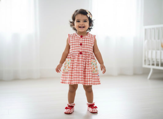 Many Dresss & Cotton Pleated Sleeve Button Embellished Knee Length Checks Printed Baby Casual Dress-Red