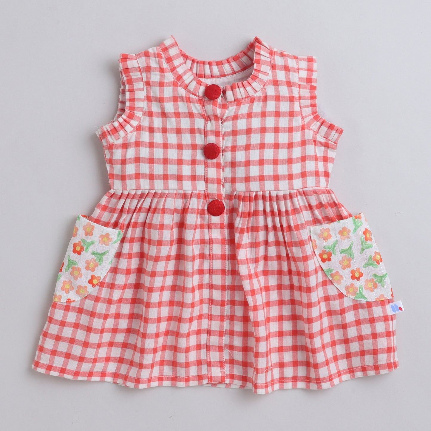 Many Dresss & Cotton Pleated Sleeve Button Embellished Knee Length Checks Printed Baby Casual Dress-Red