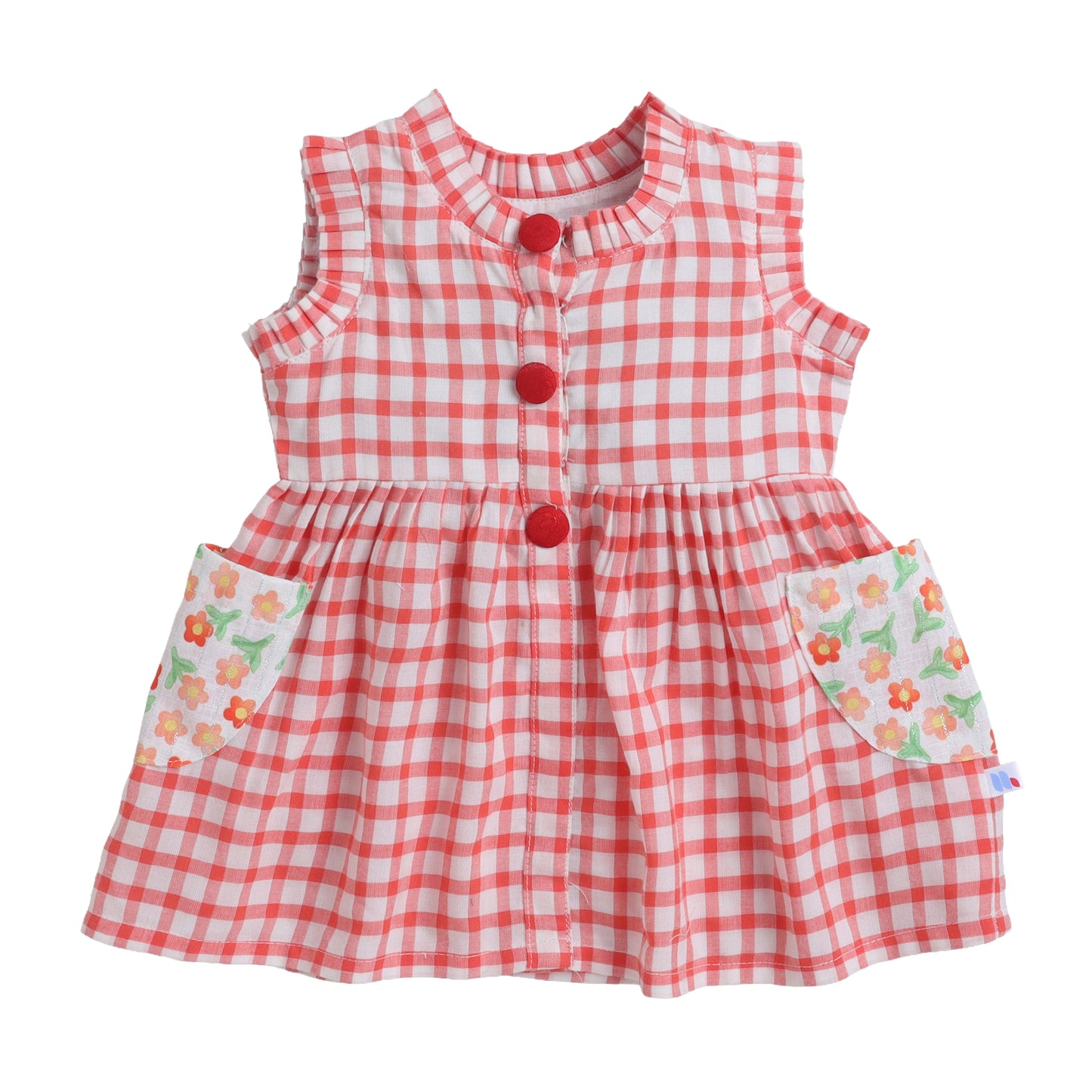 Many Dresss & Cotton Pleated Sleeve Button Embellished Knee Length Checks Printed Baby Casual Dress-Red