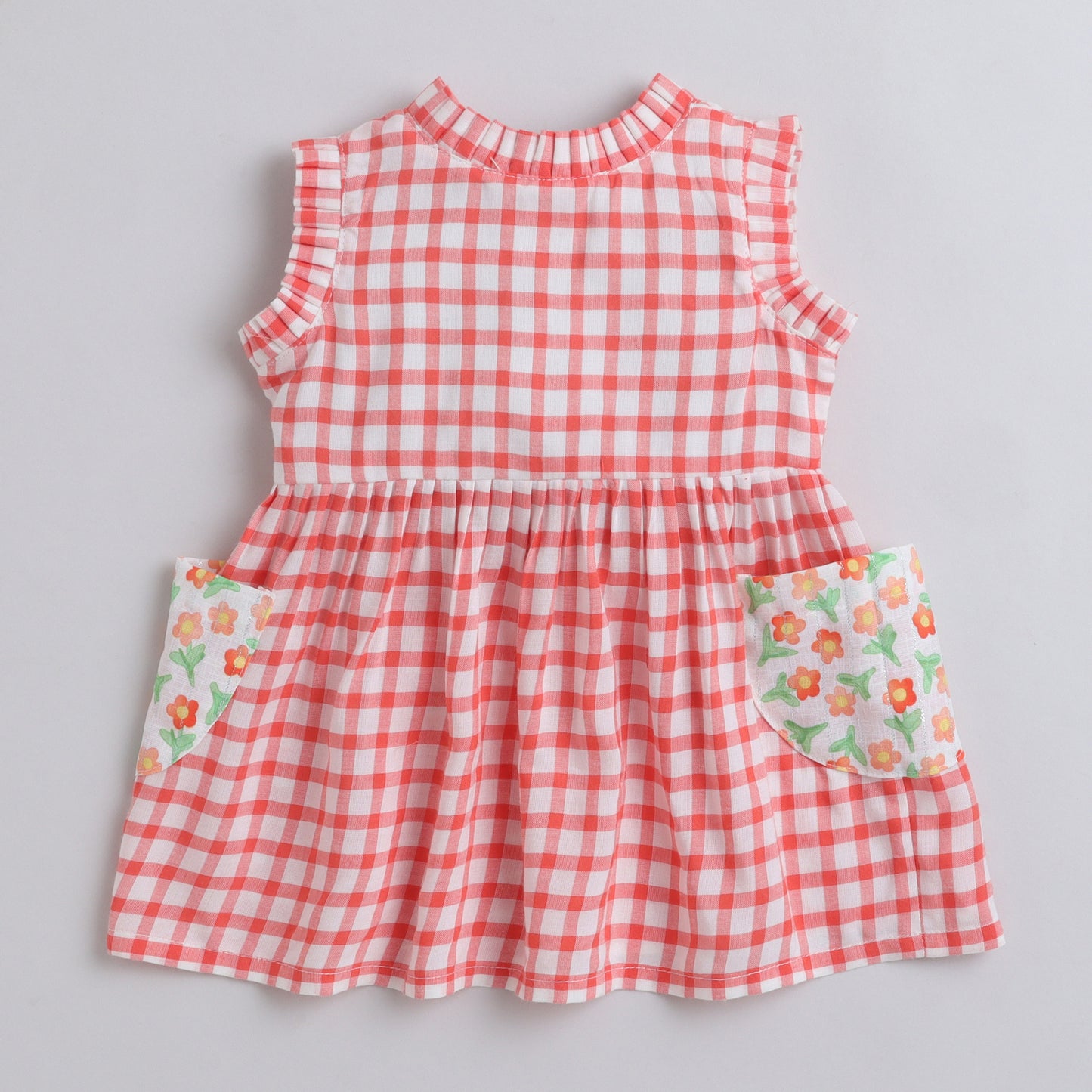 Many Dresss & Cotton Pleated Sleeve Button Embellished Knee Length Checks Printed Baby Casual Dress-Red