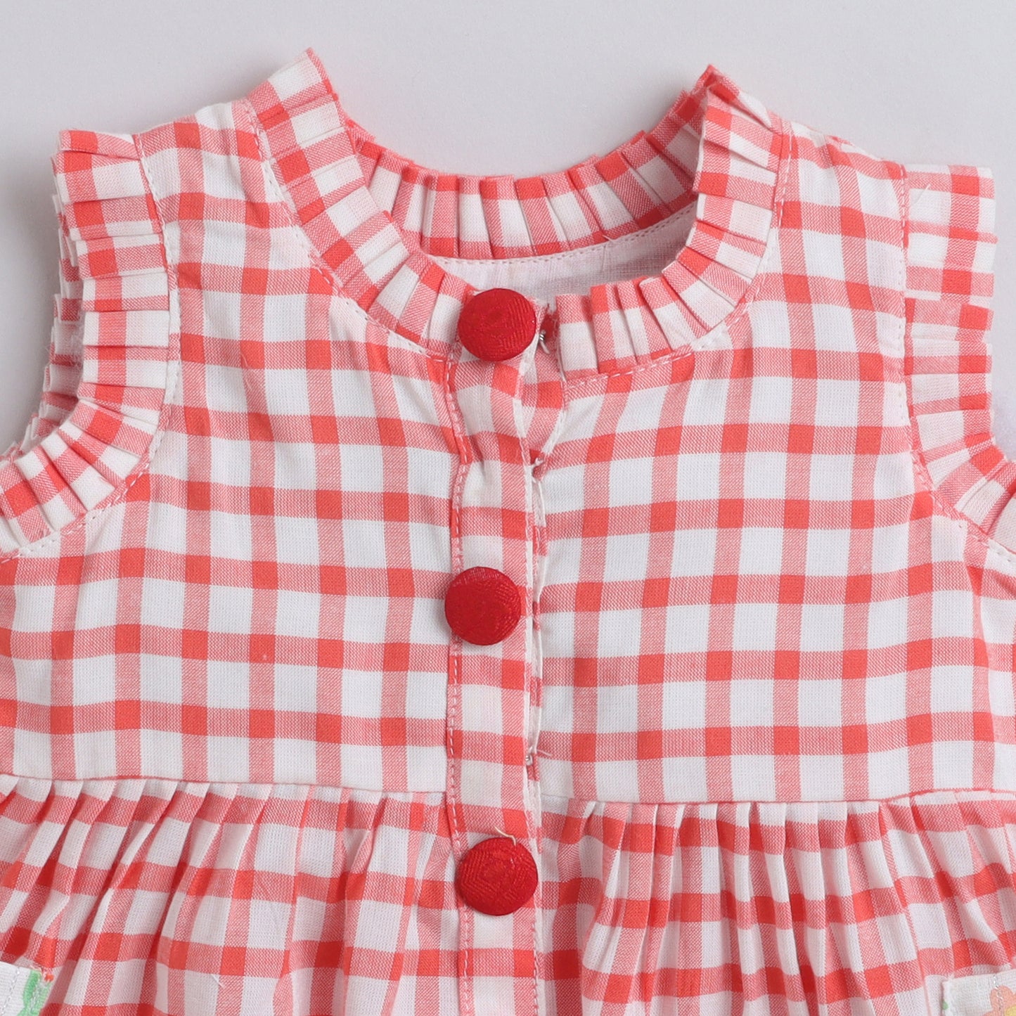 Many Dresss & Cotton Pleated Sleeve Button Embellished Knee Length Checks Printed Baby Casual Dress-Red
