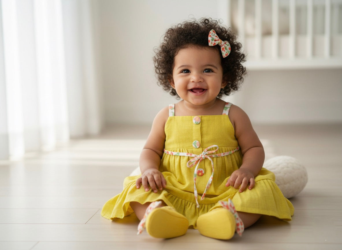 Many Dresss & Cotton Sleeveless Button Embellished Knee Length Baby Casual Dress-Yellow