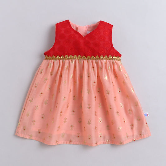 Many Frocks & Chanderi With Golden Boti Sleeveless Lace  Embellished  Knee Length  Baby Ethnic Dress - Peach & Red