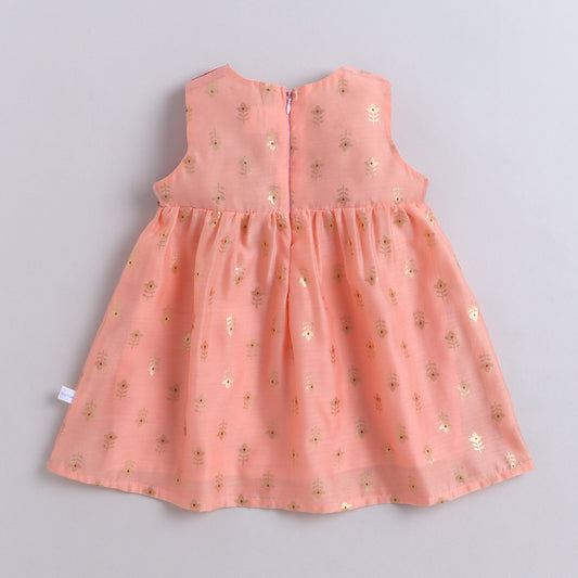 Many Frocks & Chanderi With Golden Boti Sleeveless Lace Embellished Knee Length Baby Ethnic Dress - Peach & Red