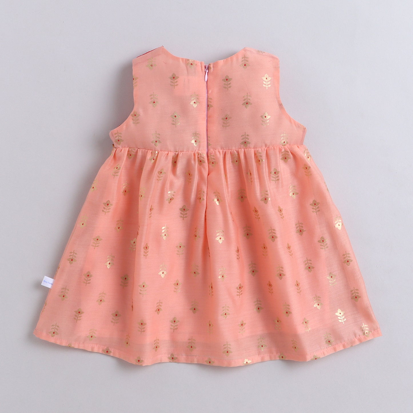 Many Frocks & Chanderi With Golden Boti Sleeveless Lace  Embellished  Knee Length  Baby Ethnic Dress - Peach & Red