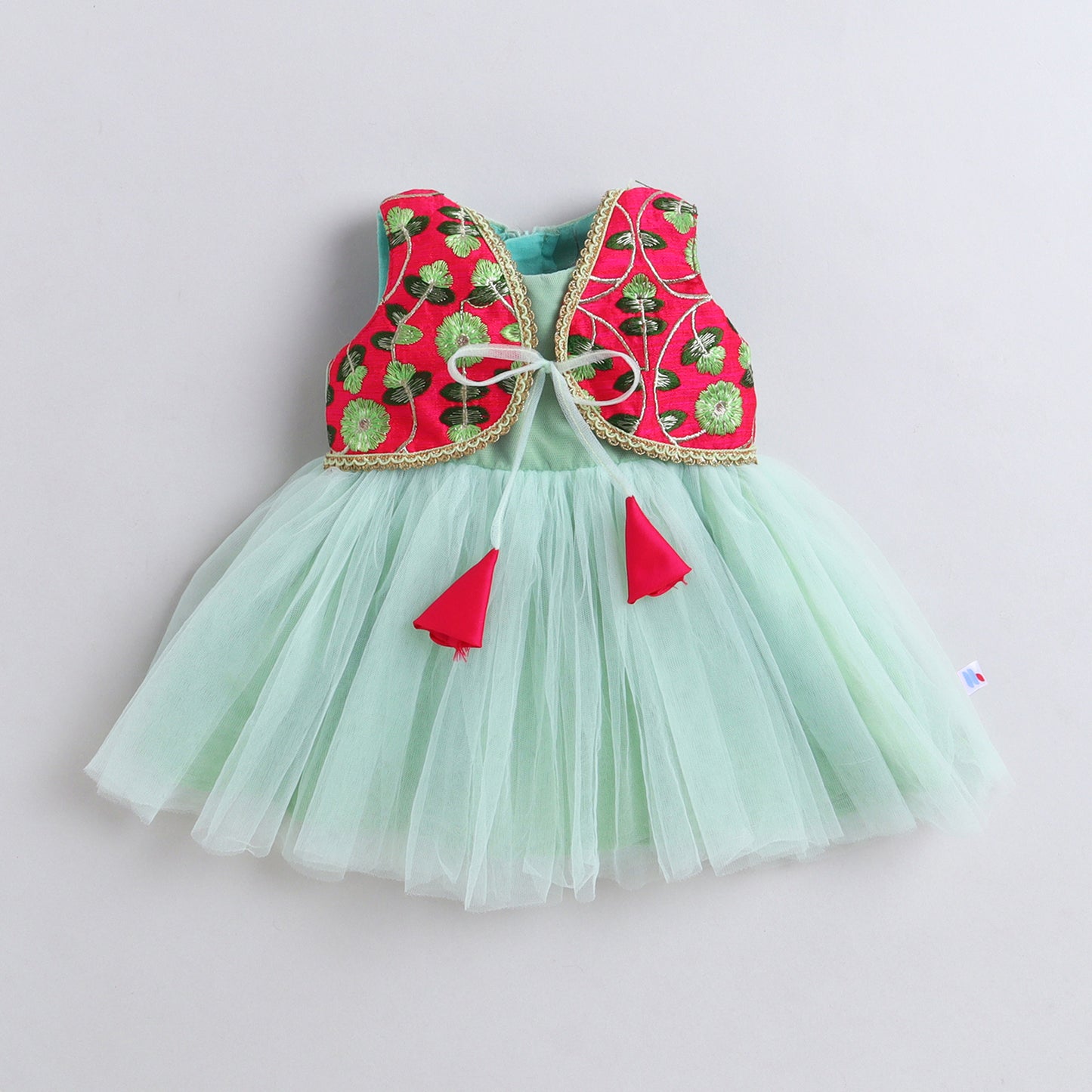 Many Frocks & Net Sleeveless Embroidered Koti Lace Embellished Knee Length Girl Ethnic Dress - Green & Pink