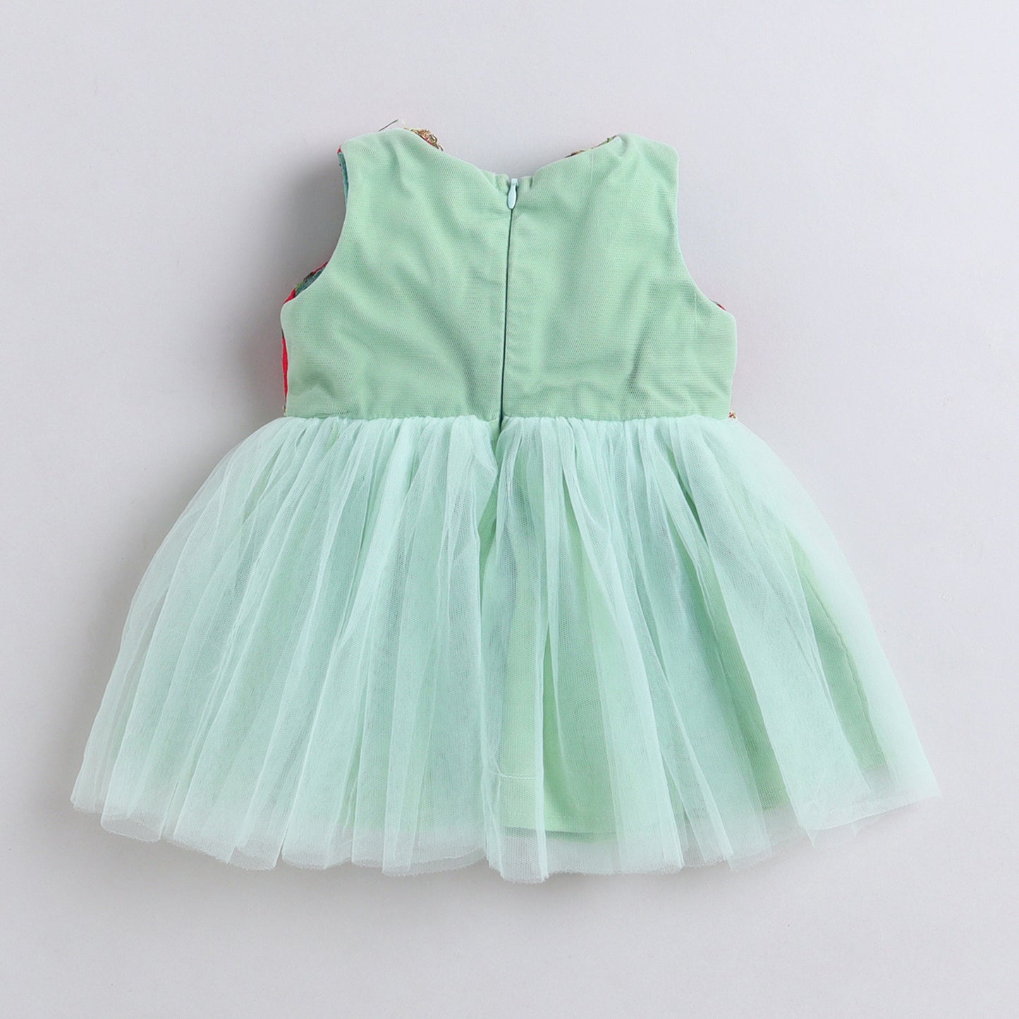 Many Frocks & Net Sleeveless Embroidered Koti Lace Embellished Knee Length Girl Ethnic Dress - Green & Pink
