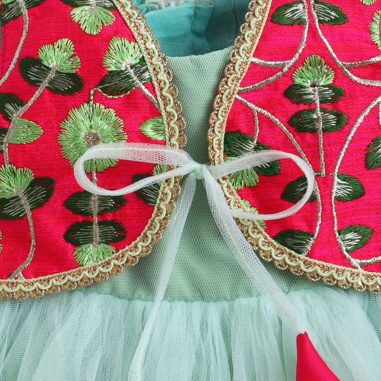 Many Frocks & Net Sleeveless Embroidered Koti Lace Embellished Knee Length Girl Ethnic Dress - Green & Pink