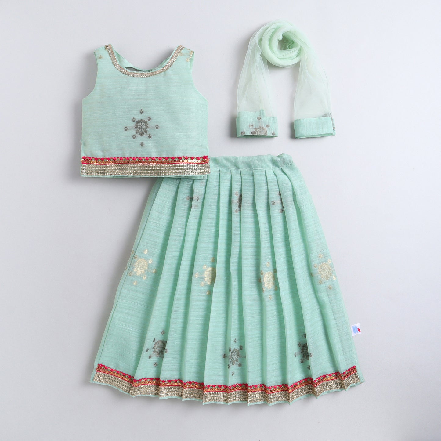 Many Frocks & Chanderi Sleeveless Flower Woven Lace Embellished Full Length Girl Ethnic Lehenga Choli Dupatta Set-Green