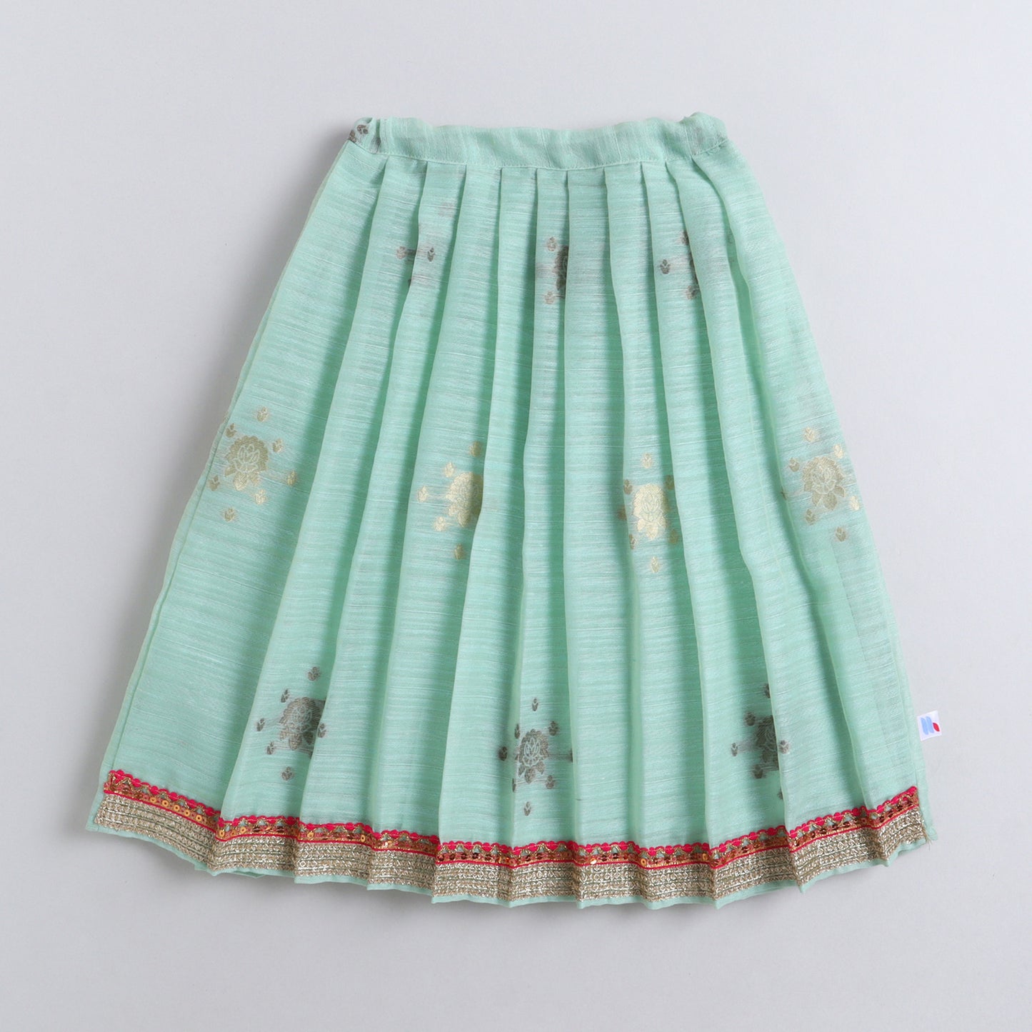 Many Frocks & Chanderi Sleeveless Flower Woven Lace Embellished Full Length Girl Ethnic Lehenga Choli Dupatta Set-Green