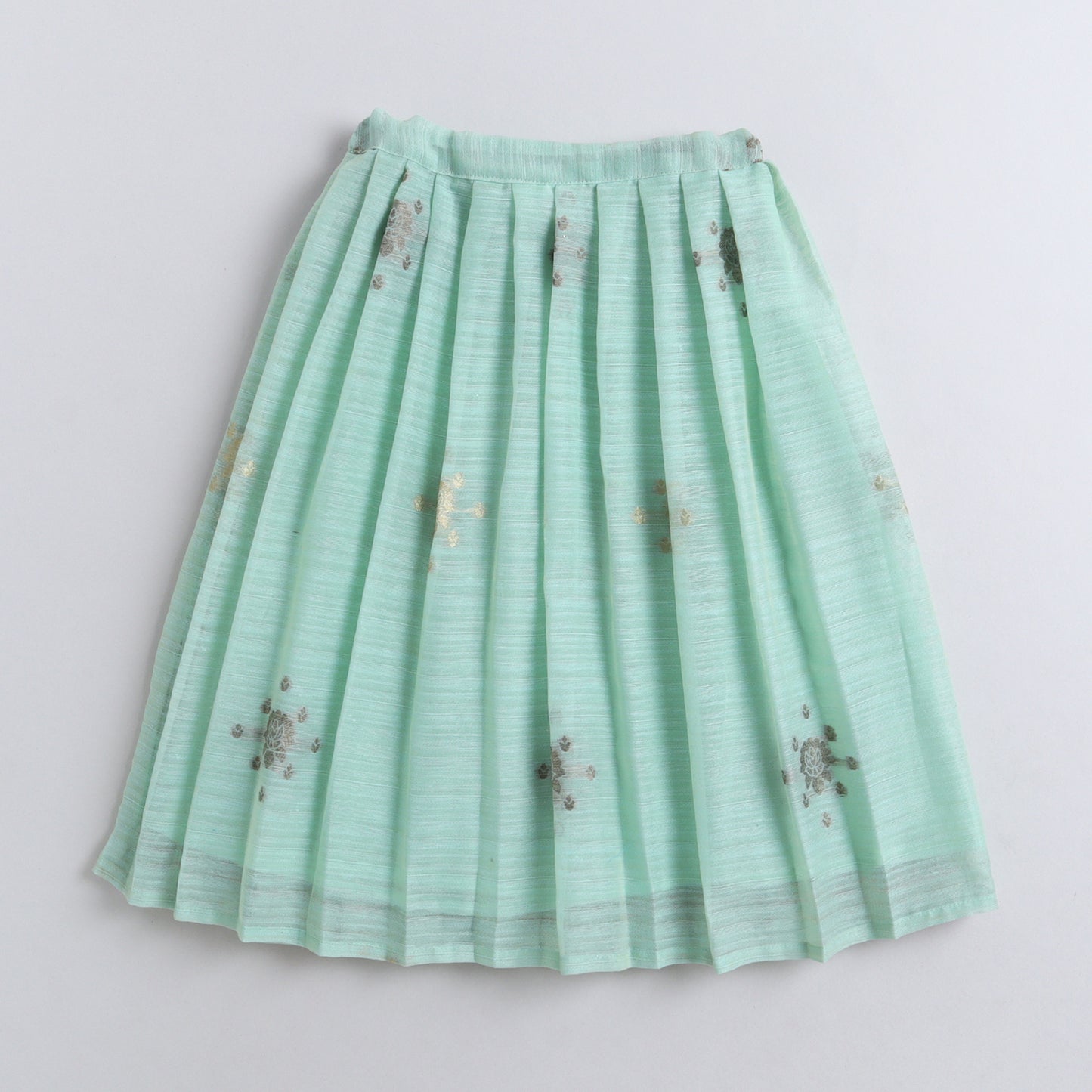 Many Frocks & Chanderi Sleeveless Flower Woven Lace Embellished Full Length Girl Ethnic Lehenga Choli Dupatta Set-Green