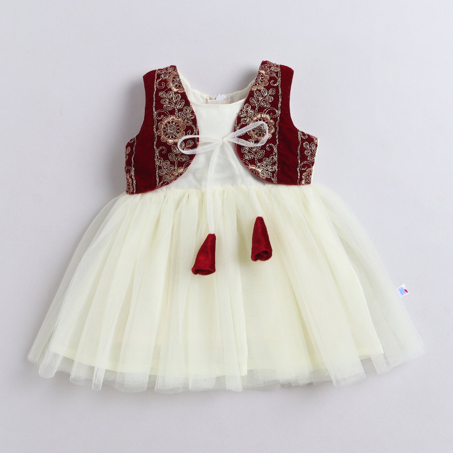 Many Frocks & Net Sleeveless Velvet Embroidered Koti Knee Length Girl Ethnic Dress - Cream & Maroon