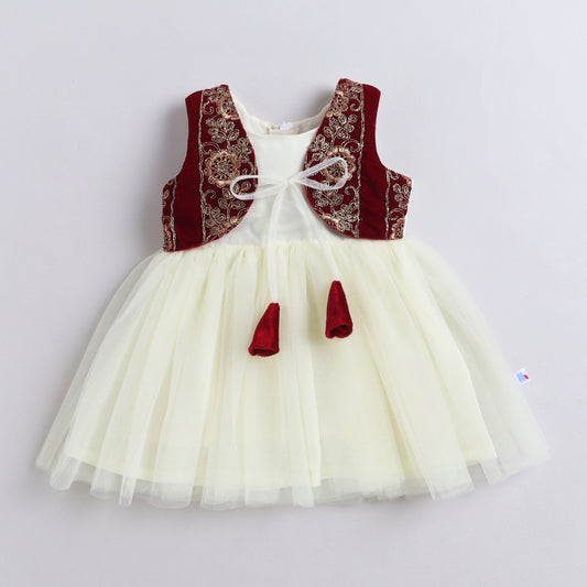 Many Frocks & Net Sleeveless Velvet Embroidered Koti Knee Length Girl Ethnic Dress - Cream & Maroon