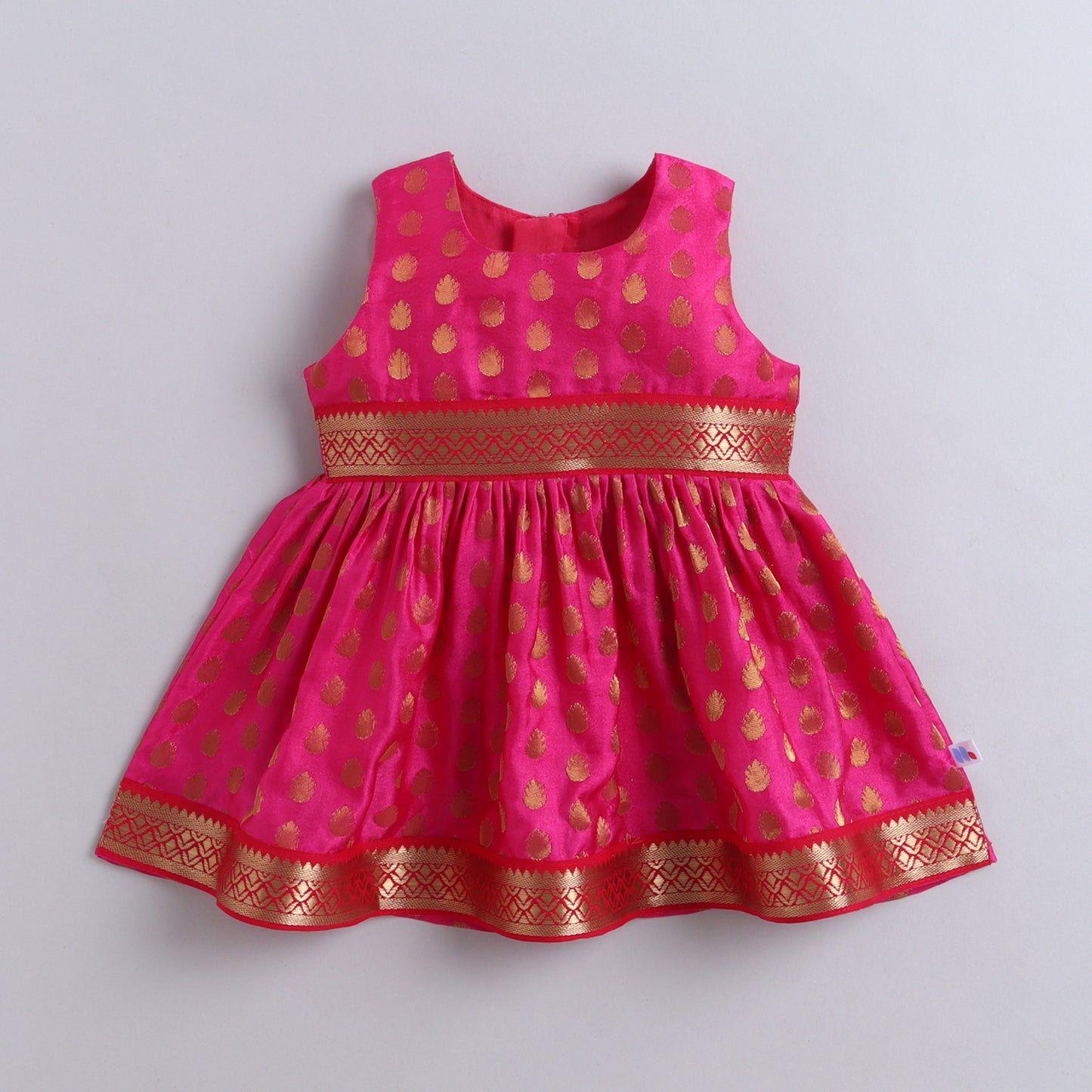 Many Frocks & Poly Silk With Golden Woven Boti Sleeveless Lace  Embellished Knee Length  Baby Ethnic Dress - Pink