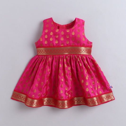 Many Frocks & Poly Silk With Golden Woven Boti Sleeveless Lace  Embellished Knee Length  Baby Ethnic Dress - Pink