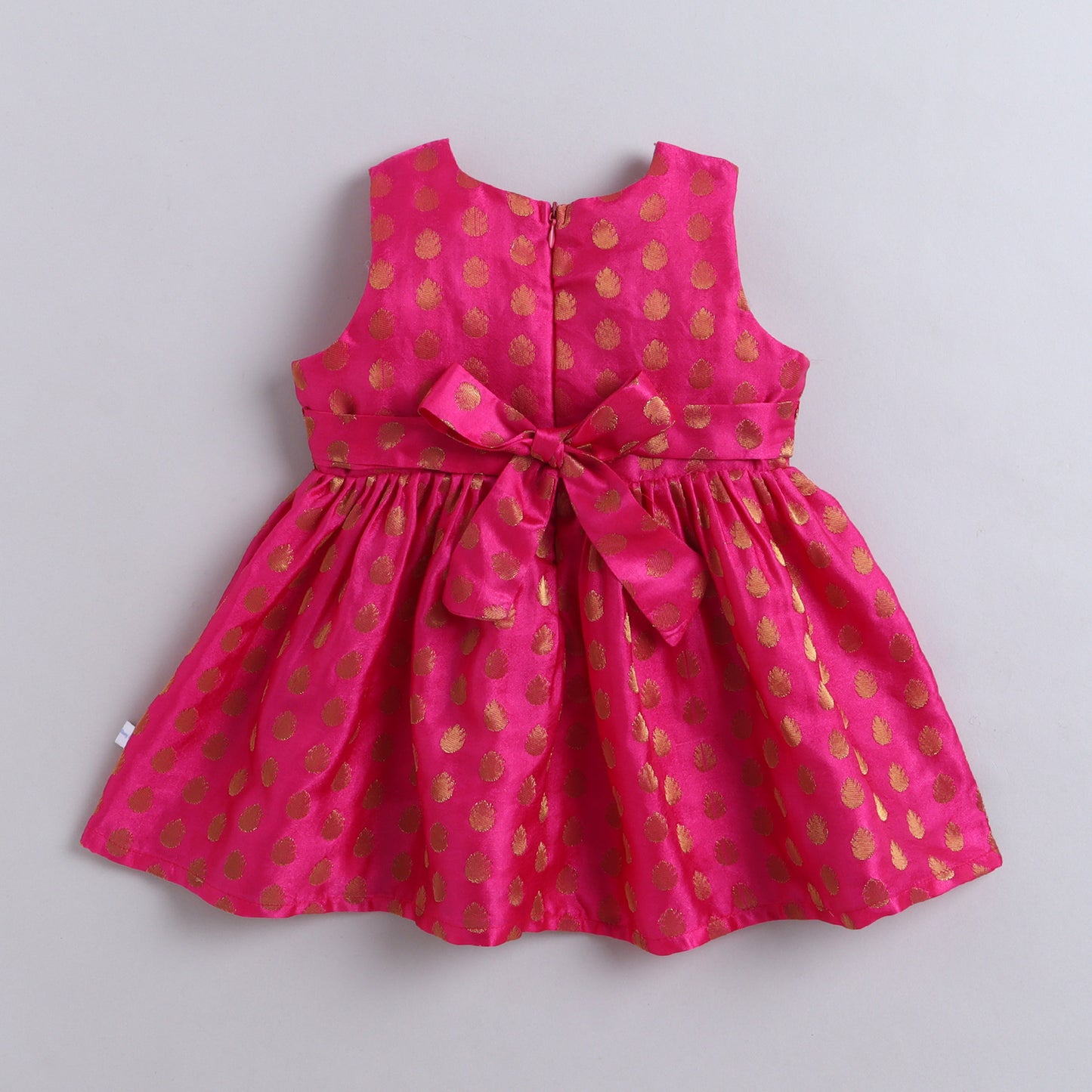 Many Frocks & Poly Silk With Golden Woven Boti Sleeveless Lace  Embellished Knee Length  Baby Ethnic Dress - Pink