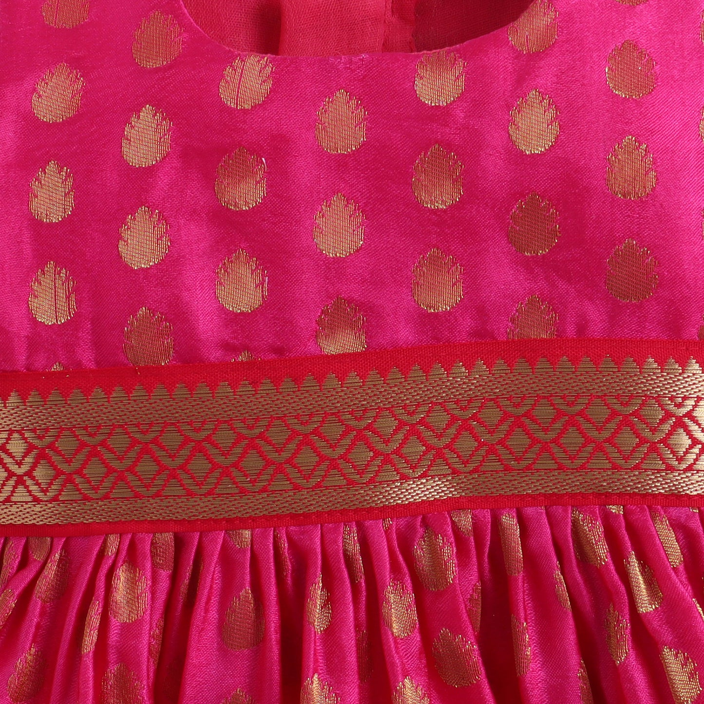 Many Frocks & Poly Silk With Golden Woven Boti Sleeveless Lace  Embellished Knee Length  Baby Ethnic Dress - Pink
